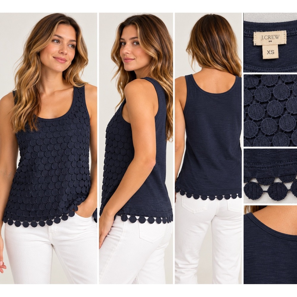J.Crew Navy Blue Circle Lace Overlay Tank Top Scallop Hem XS 45337